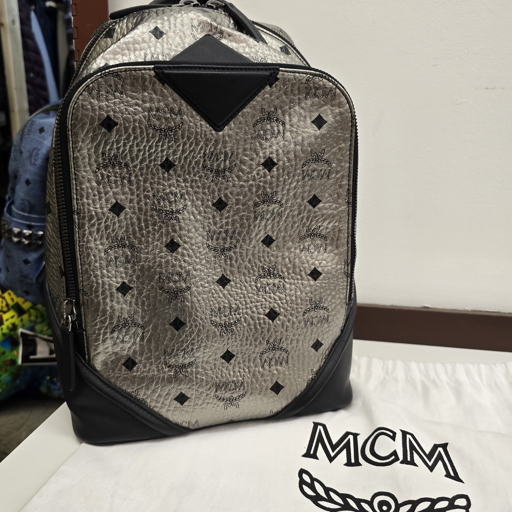 MCM 🩶Metallic Silver and Black Backpack